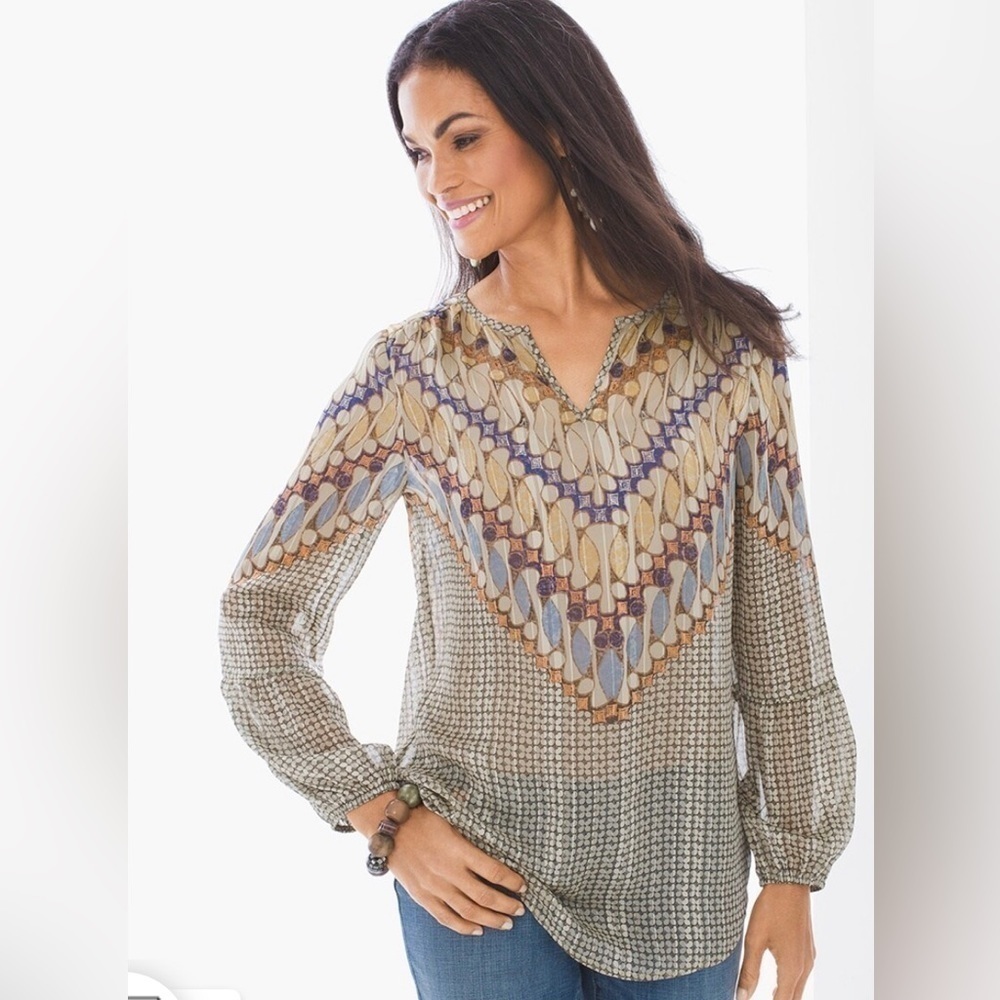 Chico’s Women’s Sz M Geometric Tribe Tunic Top Blouse Long Sleeve Woven Pattern